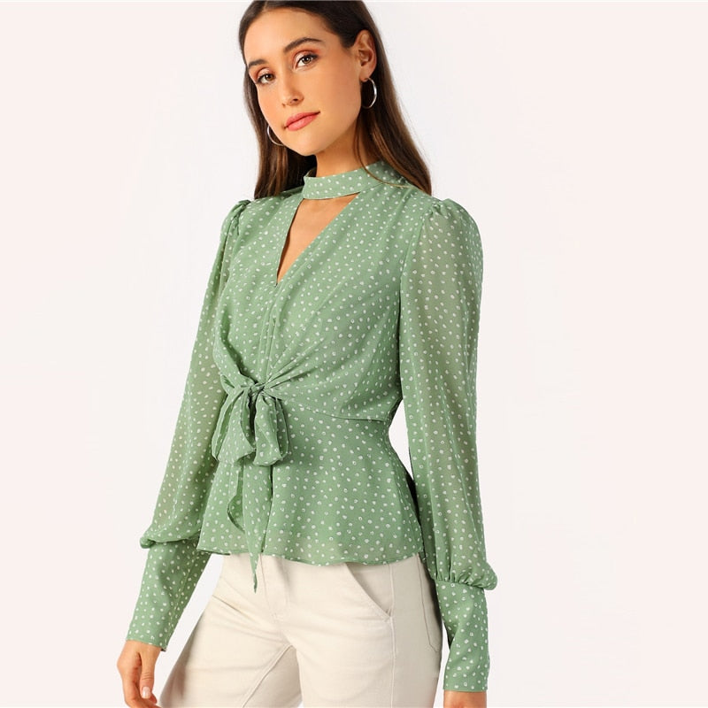 Women's Spring Polyester Blouse With Polka Dot Print
