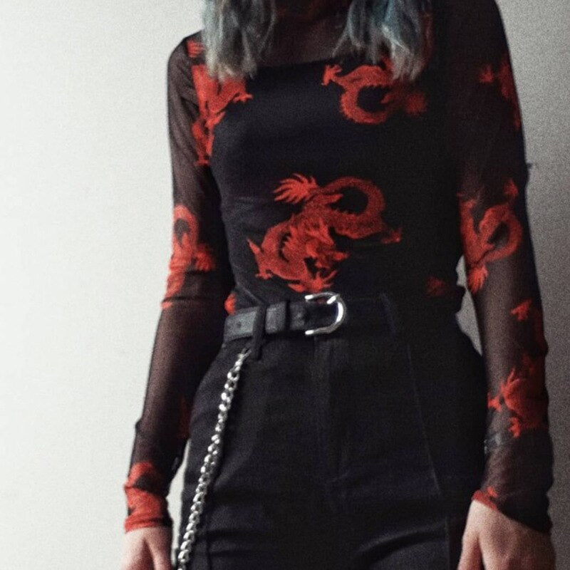 Women's Mesh High Neck Slim Bodysuit With Dragon Print