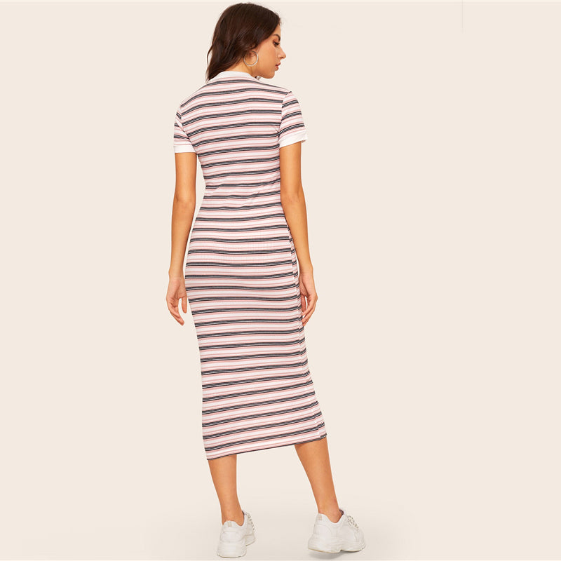 Women's Summer Sheath Stretchy O-Neck Striped Dress