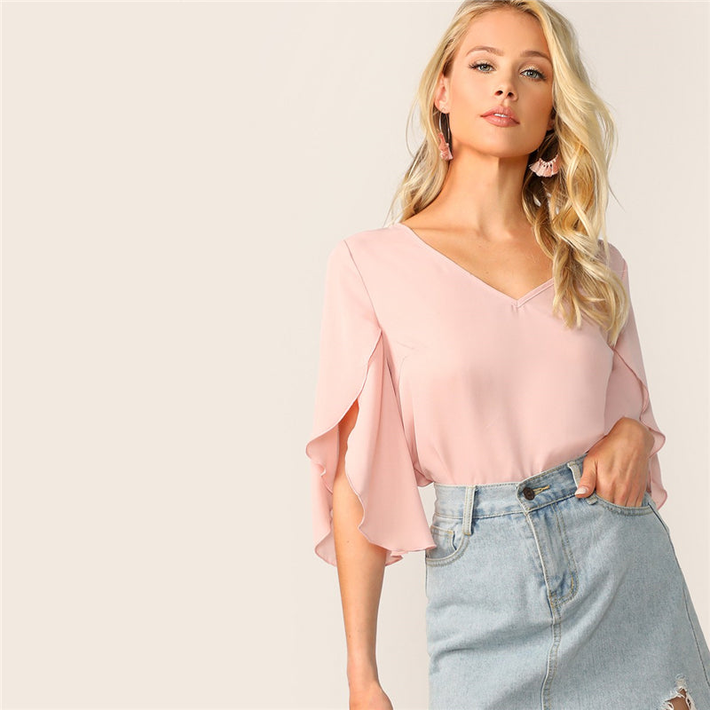 Womens Summer Casual V-Neck Blouse