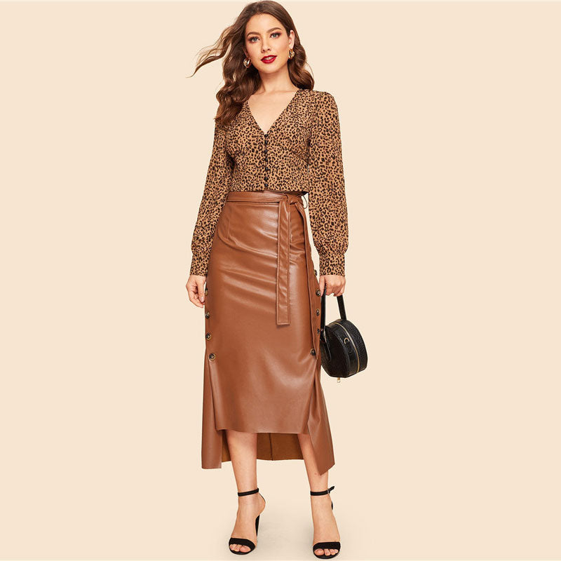 Women's Belted PU Leather Asymmetrical Long Skirt