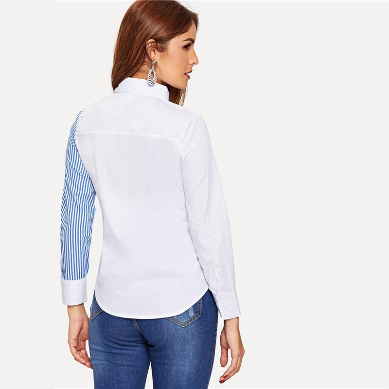 Women's Spring Polyester Striped Asymmetric Blouse