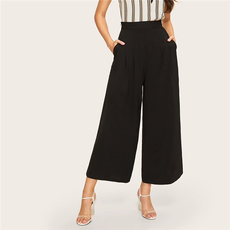 Women's Casual Polyester Mid-Waist Crop Pants With Pockets
