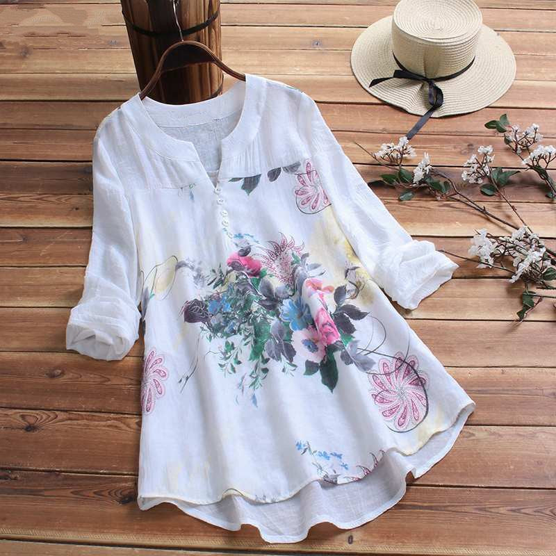 Women's Summer Casual Cotton Floral Loose Blouse With Lace