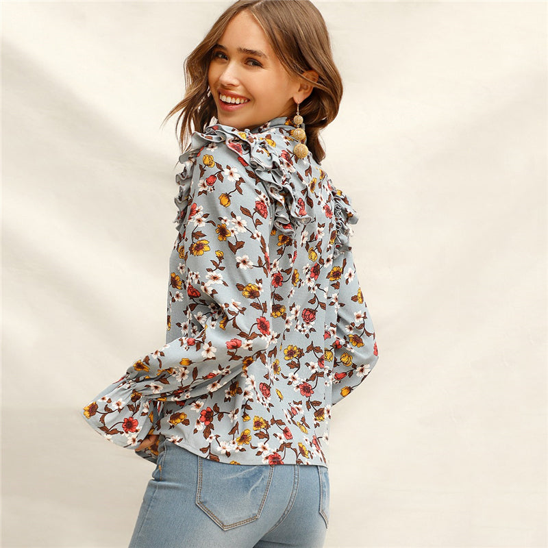 Women's Spring Polyester Floral Blouse With Ruffles