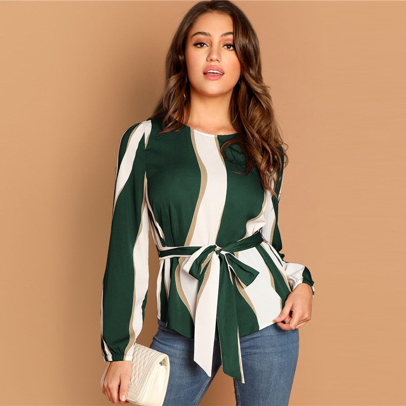 Women's Spring Long Sleeved Blouse With Stripe Print