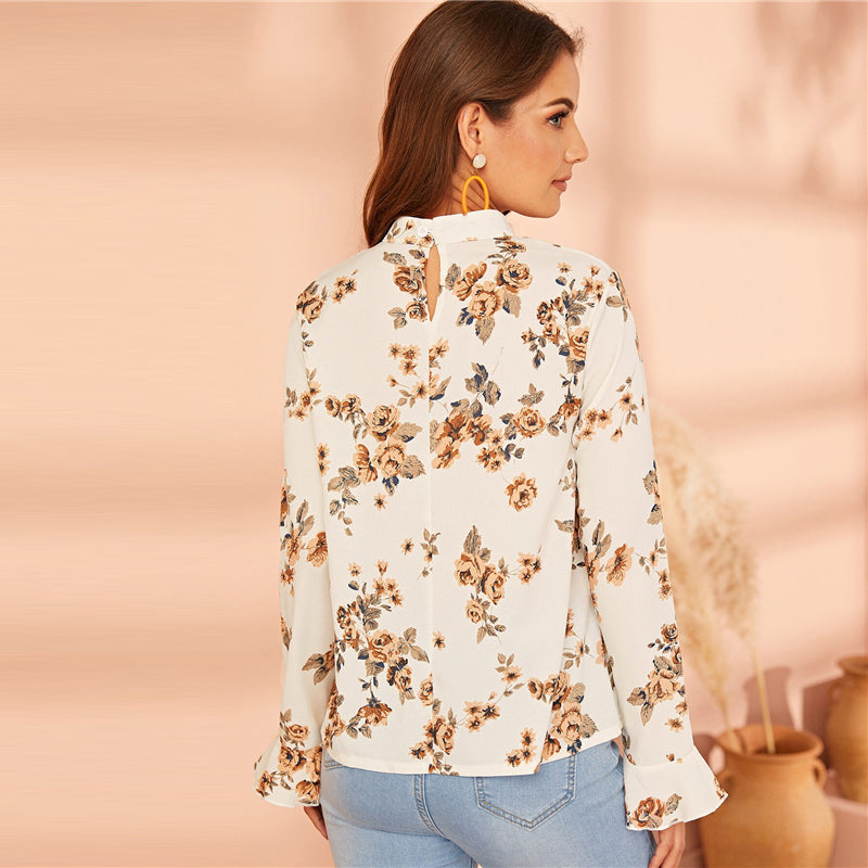 Women's Spring Casual Floral O-Neck Blouse With Ruffles
