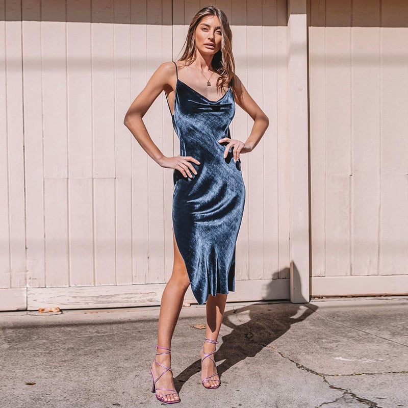 Women's Velvet Slim Backless Split Dress