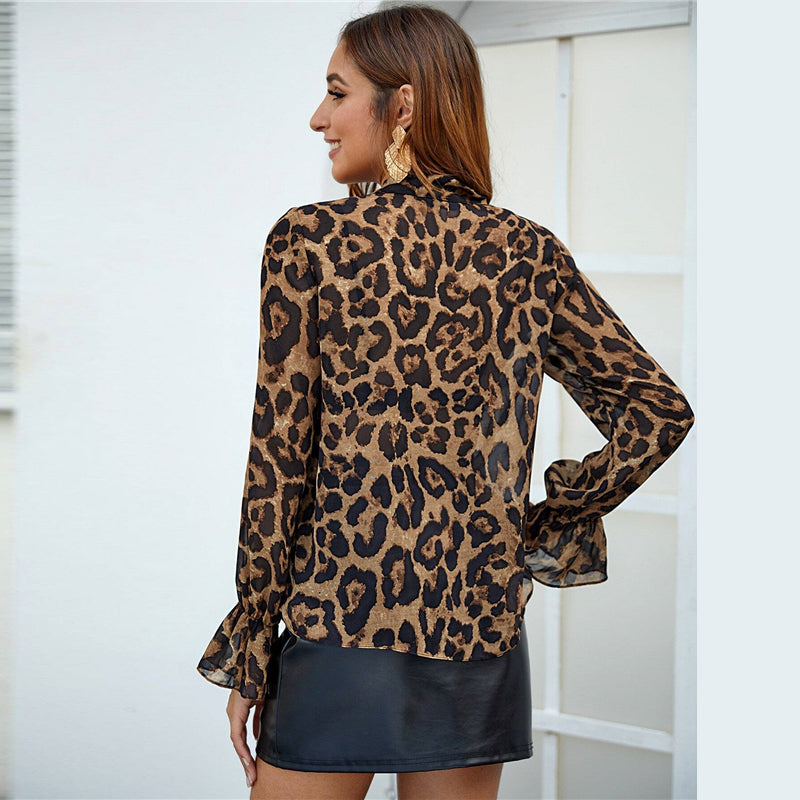 Women's Spring Leopard Polyester Flounce-Sleeved Blouse