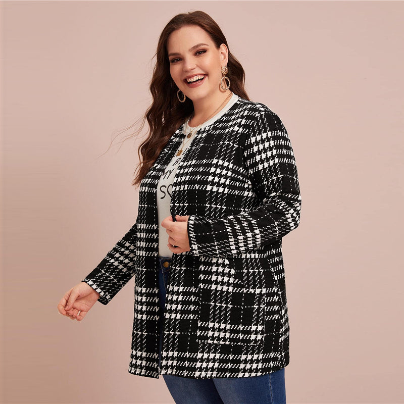 Women's Spring Casual O-Neck Cardigan With Plaid Print | Plus Size