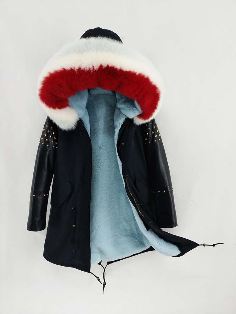 Women's Winter Long Leather Hooded Thick Parka With Fox Fur