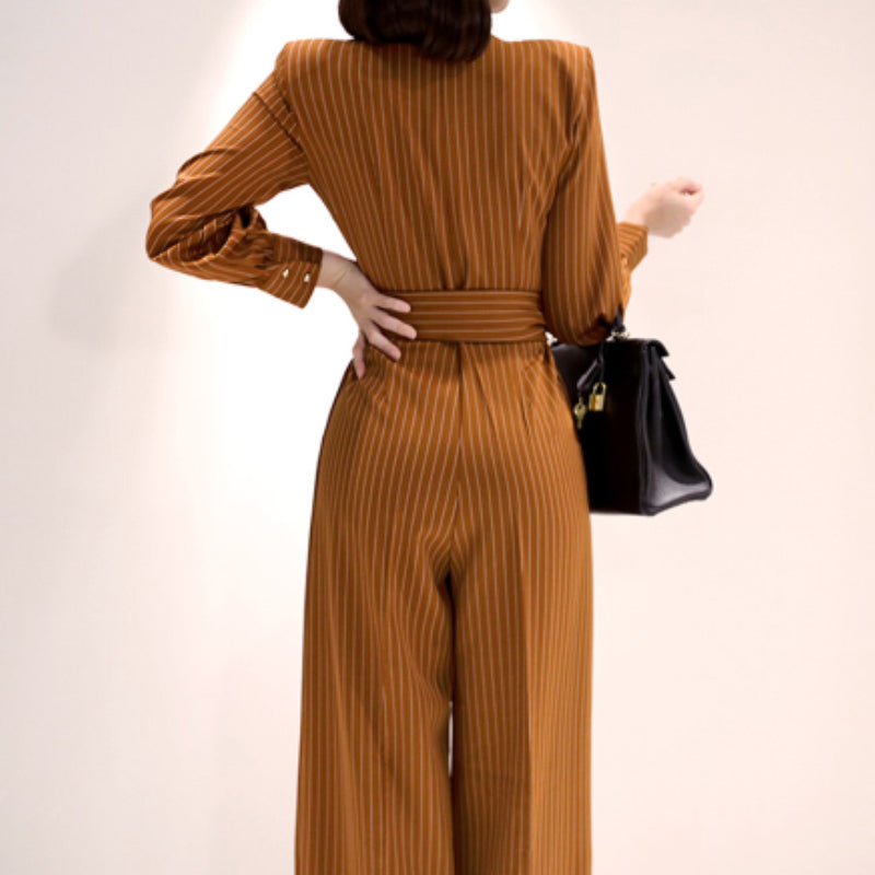 Women's Spring/Autumn Casual Striped Loose Long-Sleeved Jumpsuit