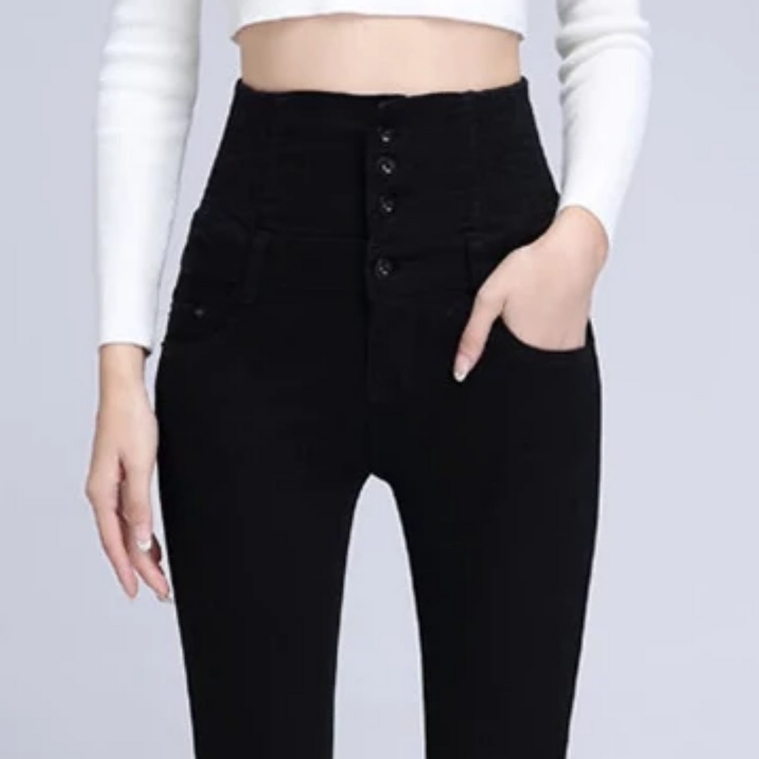 Women's Winter Casual High-Waist Warm Jeans With Pockets
