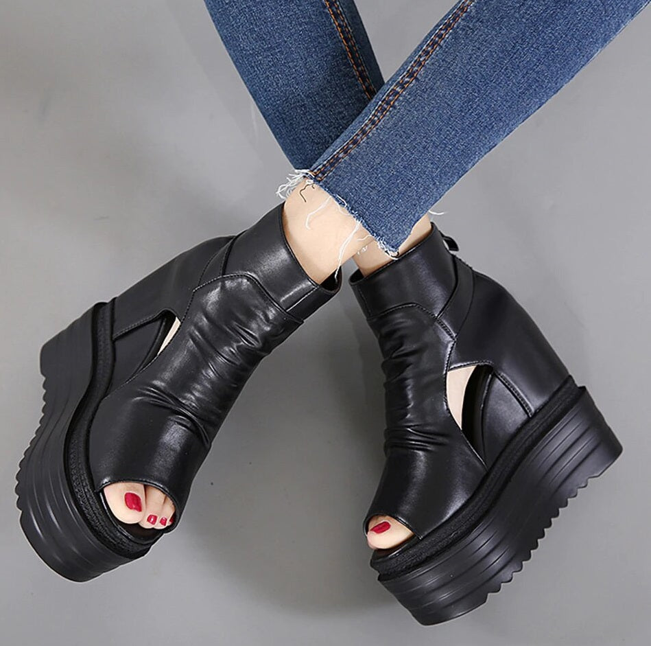 Women's Leather Casual Open Toe Ankle Boots