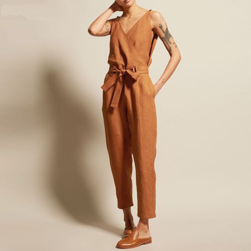Women's Summer Casual V-Neck Jumpsuit With Pockets