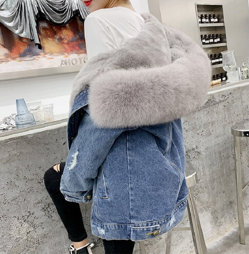Women's Winter Casual Denim Slim Long Parka With Rabbit Fur