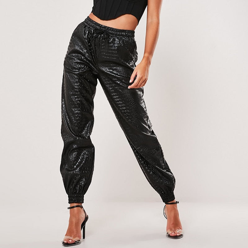 Women's Casual High Waist PU Leather Elastic Solid Pants