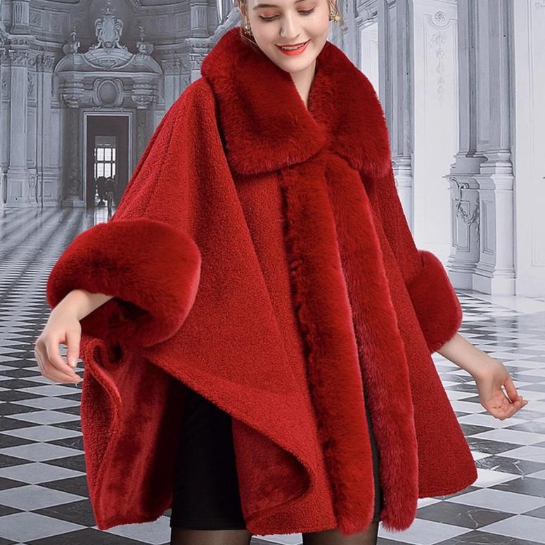 Women's Winter Warm Poncho With Faux Rabbit Fur