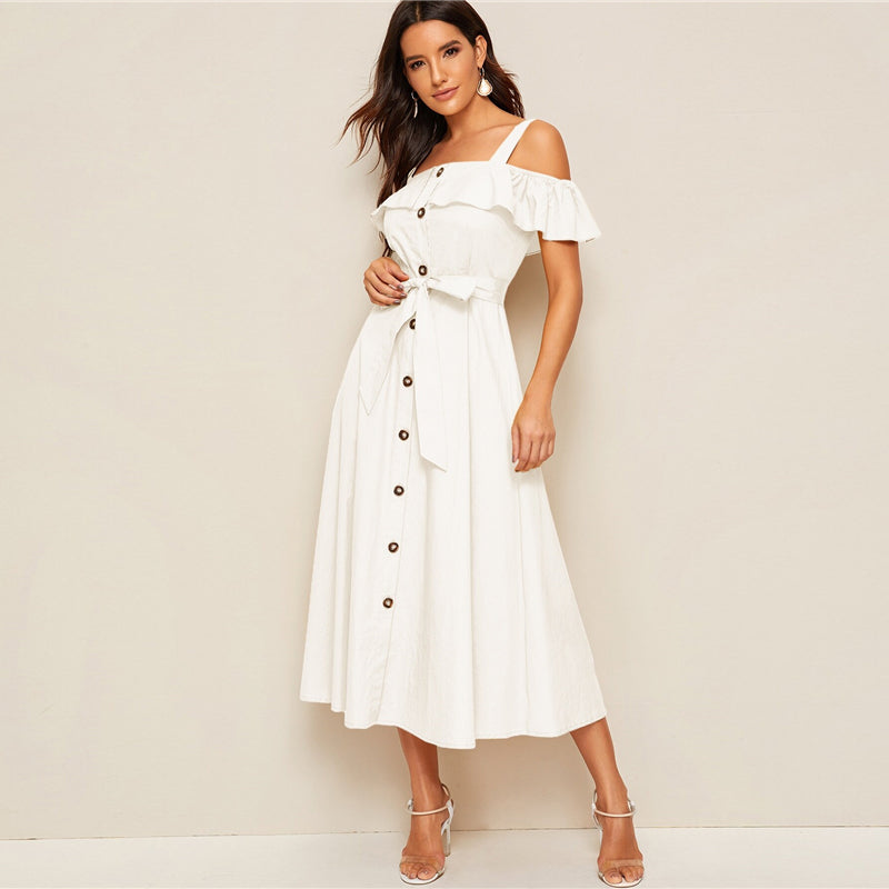 Women's Summer Polyester A-Line Belted Long Dress