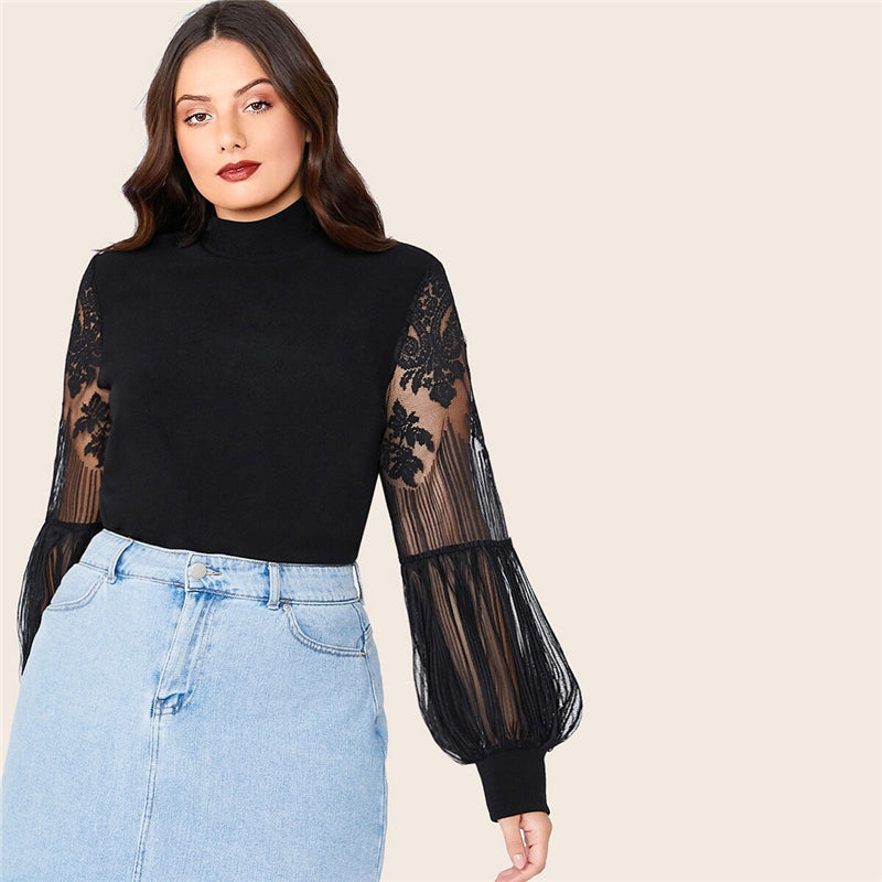 Women's Spring Polyester High-Neck Blouse With Lace | Plus Size