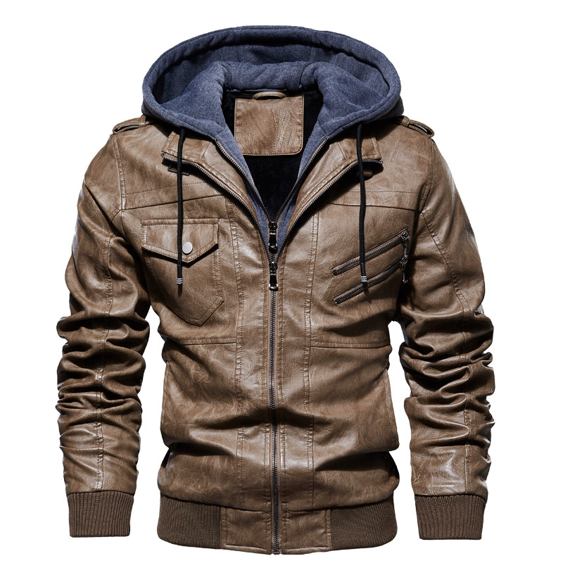 Men's Casual Leather Hooded Jacket