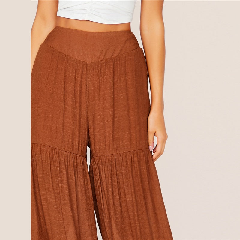 Women's Summer Polyester High-Waist Pants With Ruffles