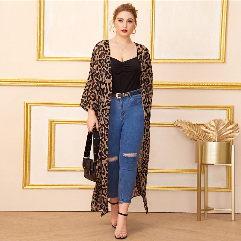 Women's Summer Chiffon Long-Sleeved Leopard Cardigan | Plus Size