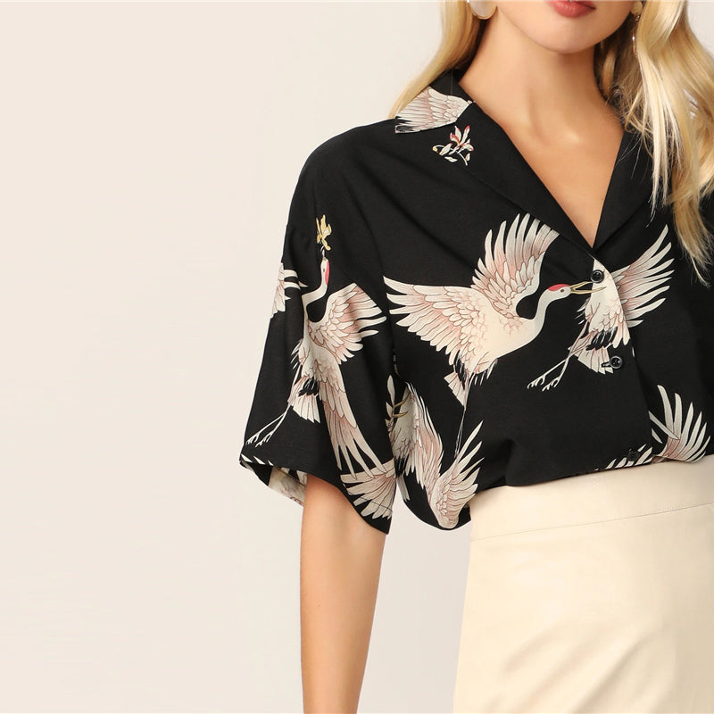 Women's Summer Polyester V-Neck Shirt With Print