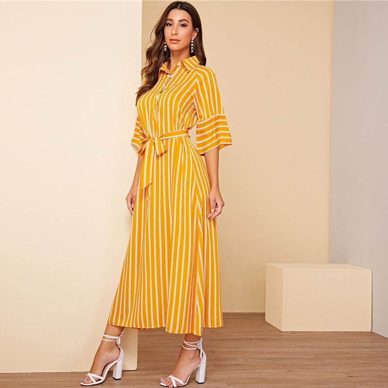 Women's Summer A-Line Striped Maxi Dress With Buttons