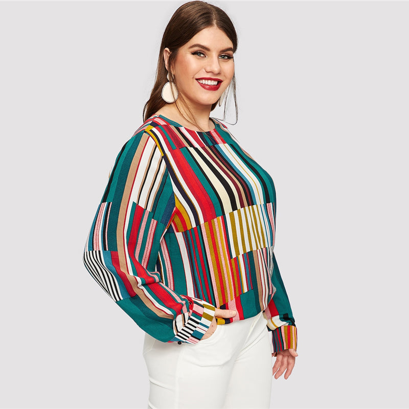 Women's Spring Casual Striped Patchwork Blouse | Plus Size