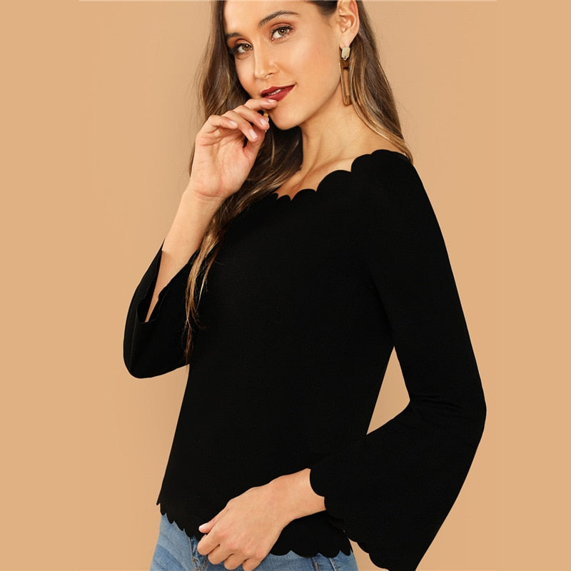 Women's Casual Long Sleeve Blouse With Scallop Trim