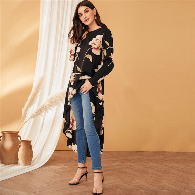 Women's Spring Asymmetrical Long-Sleeved Floral Blouse