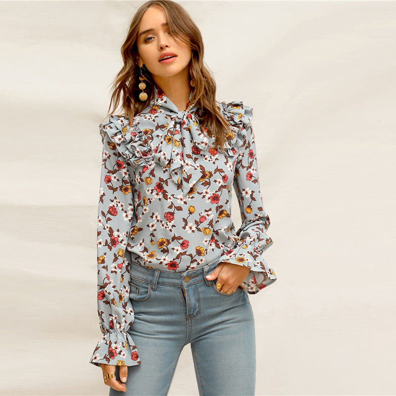 Women's Spring Polyester Floral Blouse With Ruffles