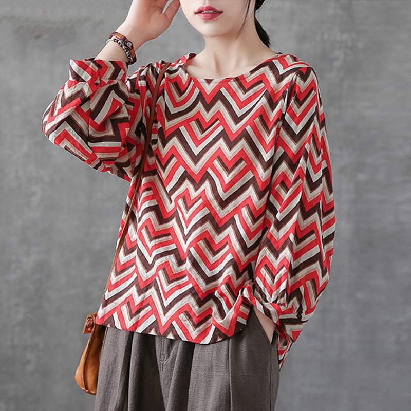 Women's Summer Casual Cotton O-Neck Blouse With Print