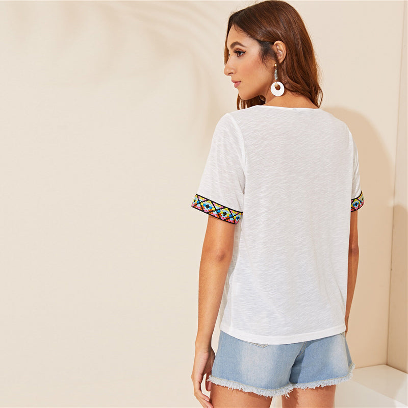 Women's Summer Casual Polyester V-Neck Short-Sleeved Top