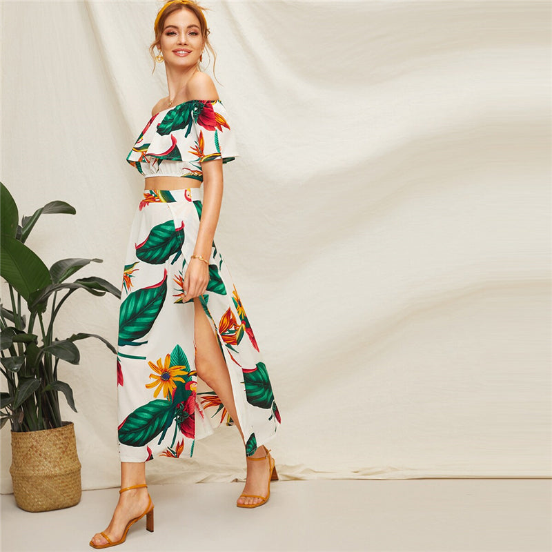 Women's Summer Polyester Two-Piece Dress With Tropical Print