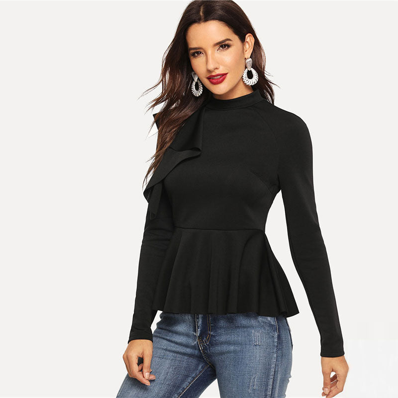 Women's Spring Polyester Slim Mock-Neck Blouse With Ruffles