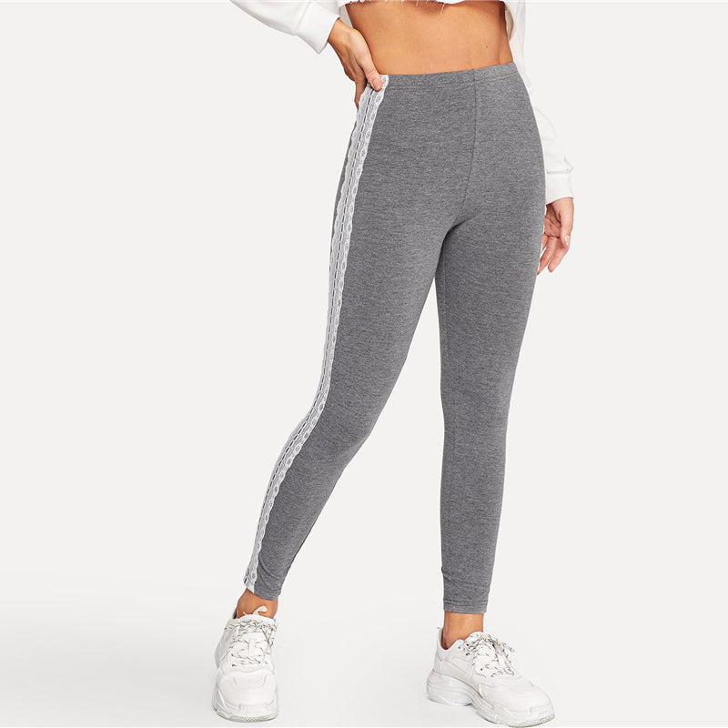 Women's Casual Rayon Midi-Waist Fitness Leggings With Lace