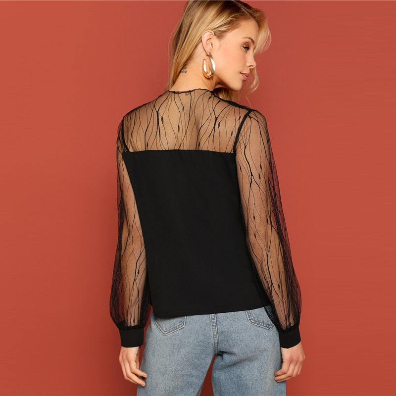 Women's Spring Casual Mesh Sleeve Blouse