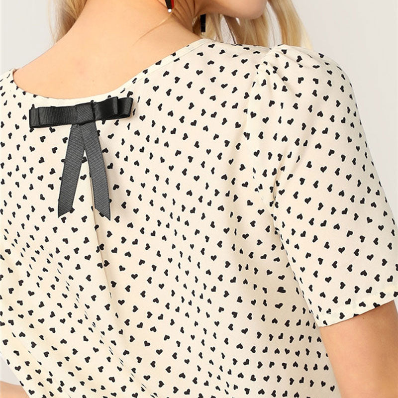 Women's Summer Casual O-Neck Blouse With Heart Print
