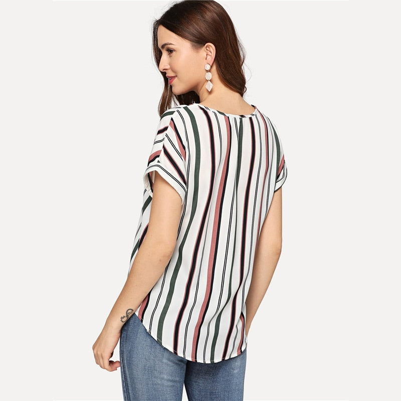 Women's Summer Casual V-Neck Striped Blouse
