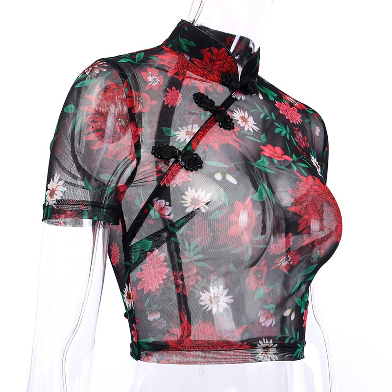 Women's Casual Short Sleeve Mesh Crop Top With Floral Print