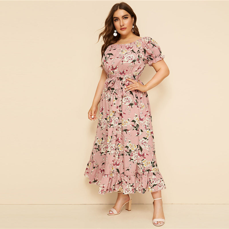 Women's Summer Floral Belted Dress With Ruffles | Plus Size