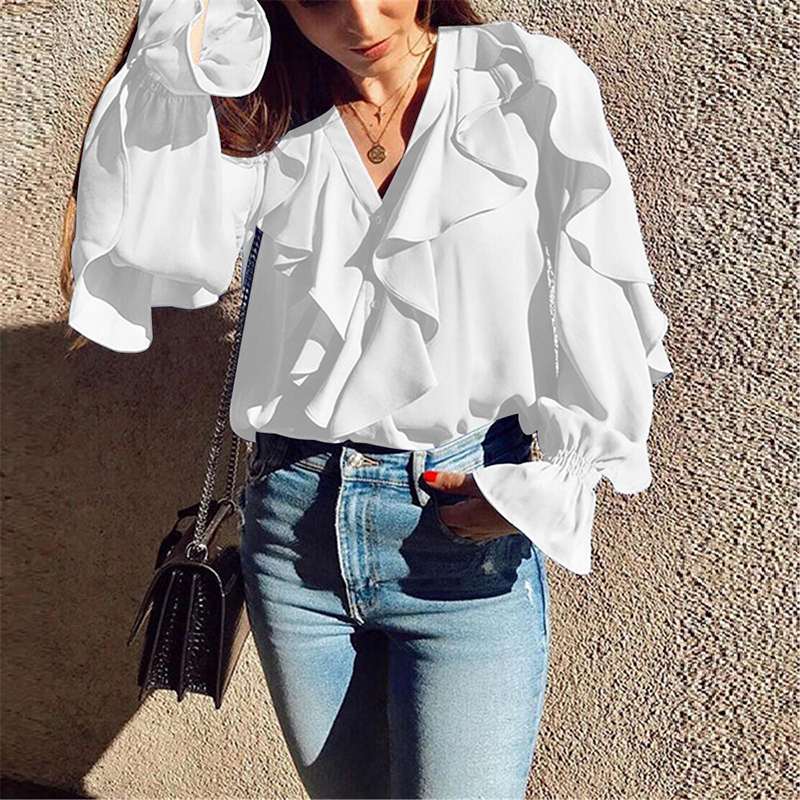 Women's Spring/Summer Casual Polyester V-Neck Shirt With Ruffles
