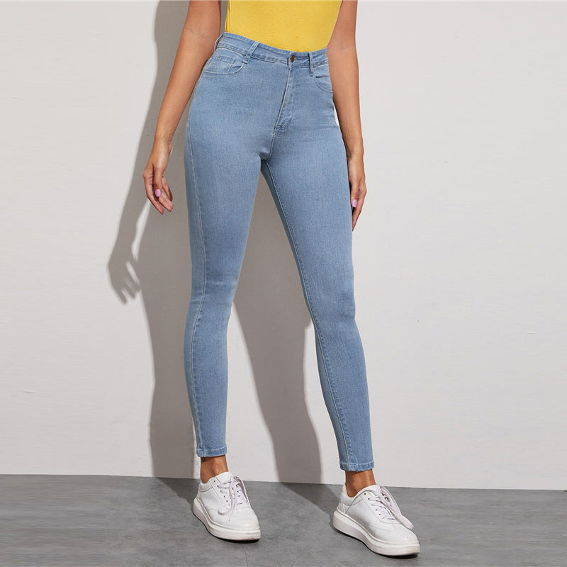 Women's Casual Mid-Waist Skinny Jeans With Pockets