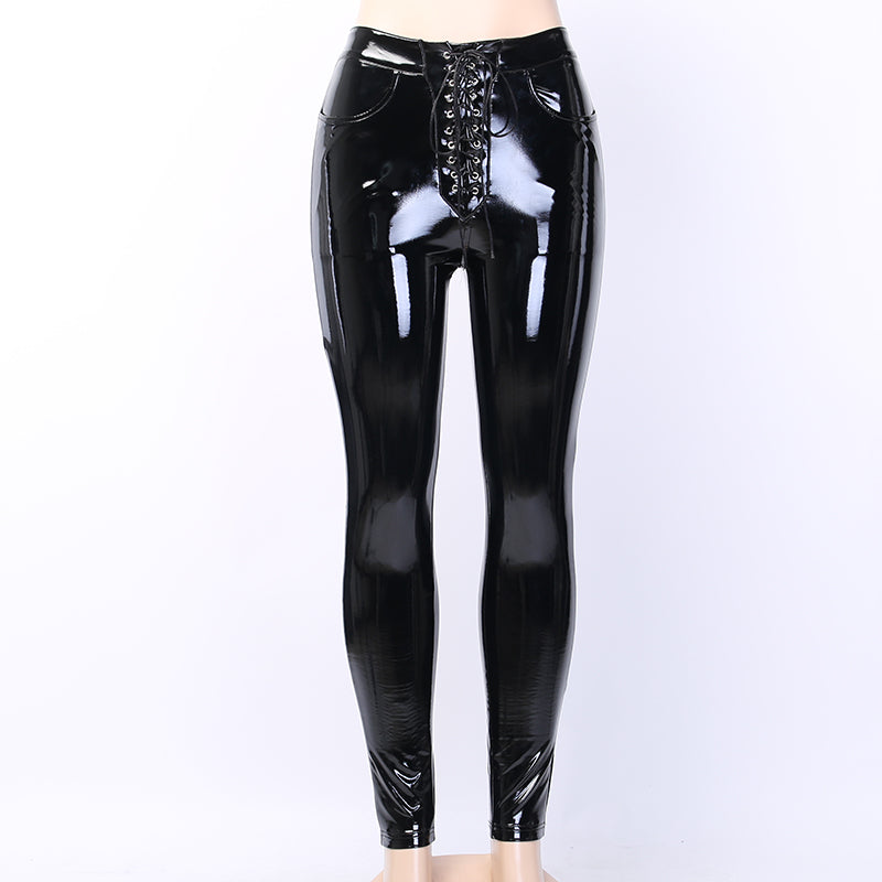 Women's PU Leather Elastic Lace Up Pants With High Waist