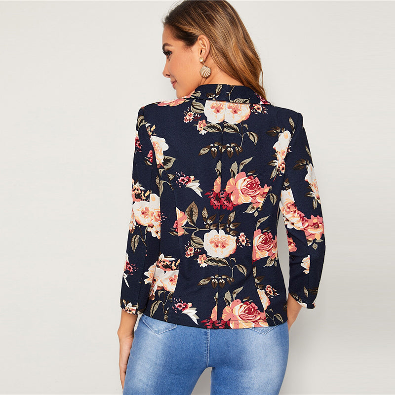 Women's Spring Polyester Long-Sleeved Blazer With Floral Print