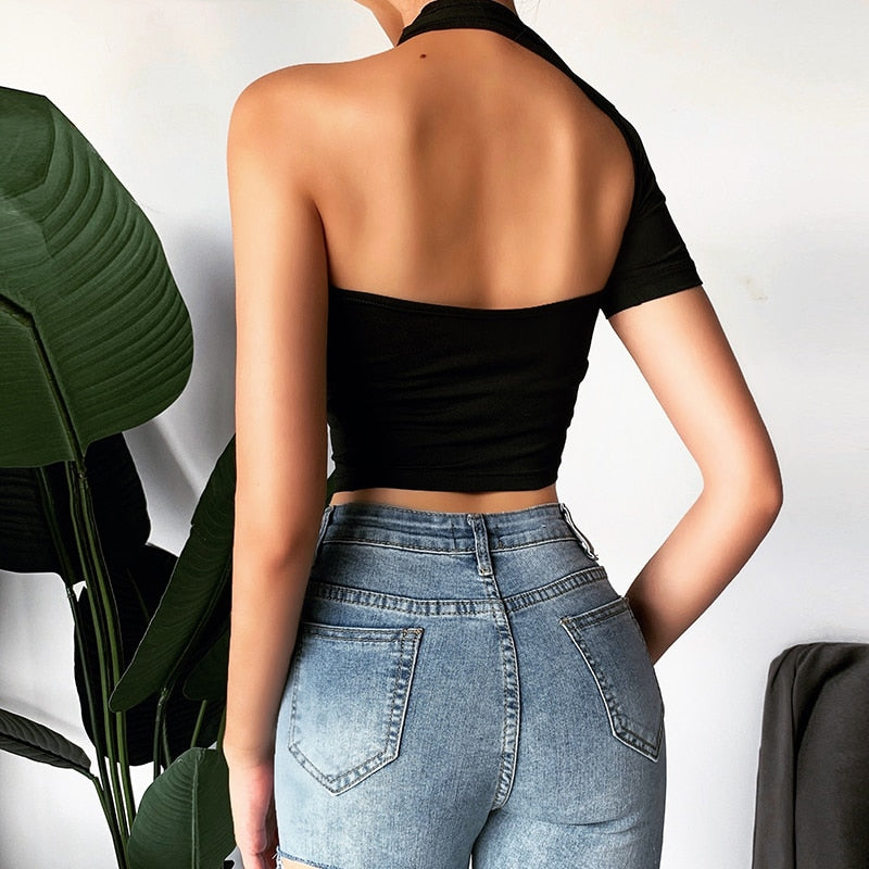 Women's Summer One Shoulder Elastic Backless Crop Top