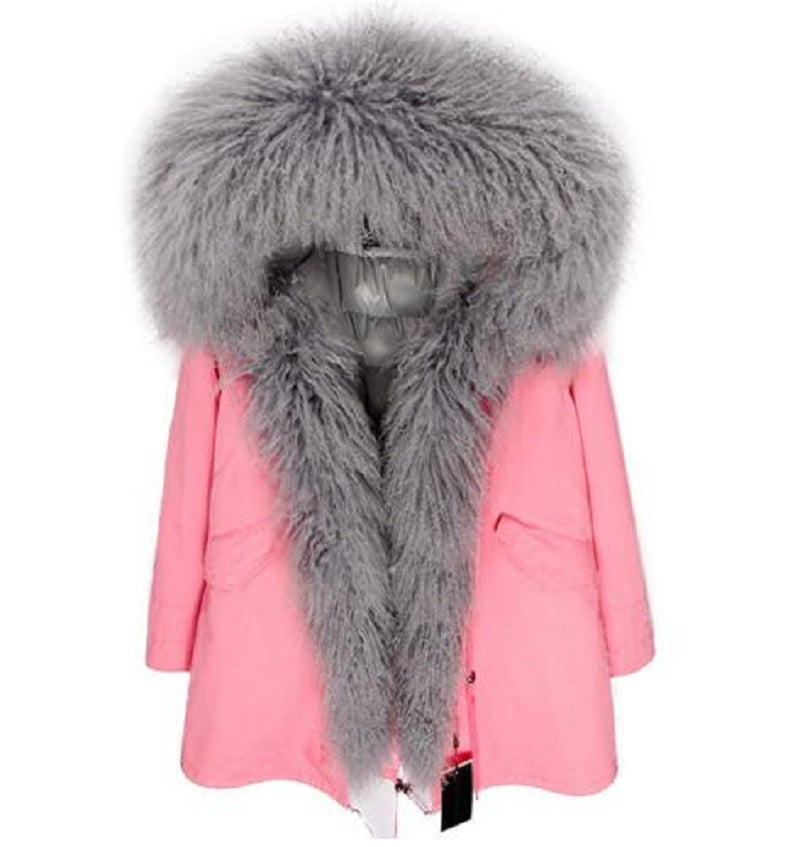Women's Winter Casual Short Slim Hooded Parka With Sheep Fur