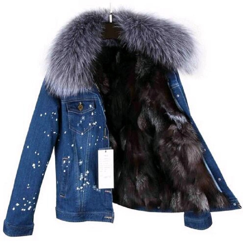 Women's Winter Casual Slim Denim Parka With Raccoon Fur